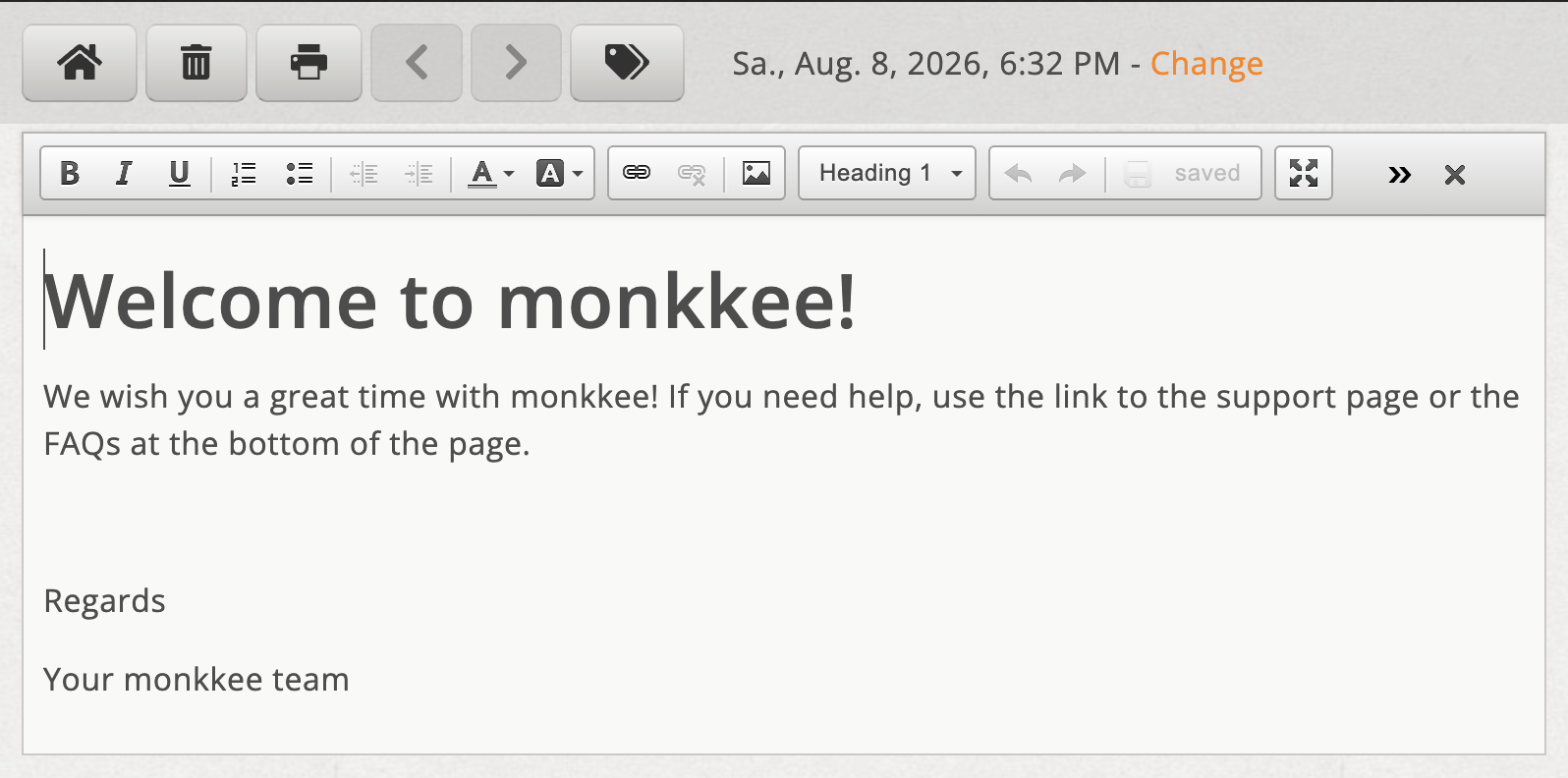 Entry in single view with editor toolbar