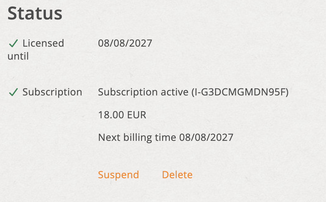 License status for a subscription