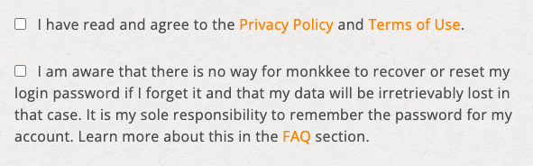Checkboxes in the registration form at monkkee